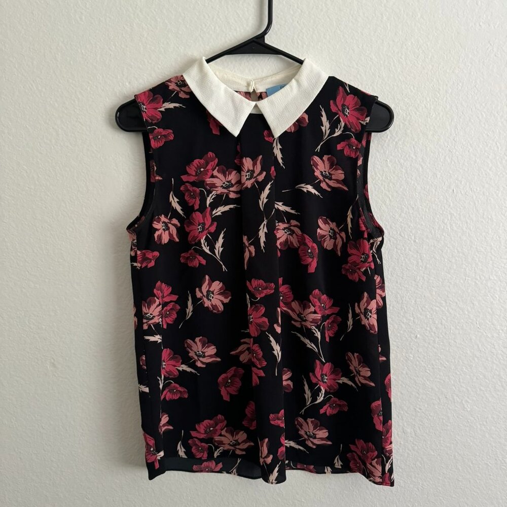 CECE Floral Sleveless Collar Top Black Small